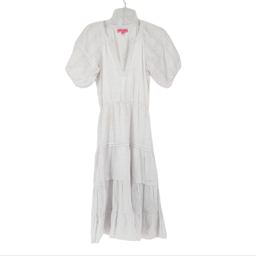 Betsey Johnson White Ruffled Puff Sleeve Confetti Midi Cottagecore Dress Size XS